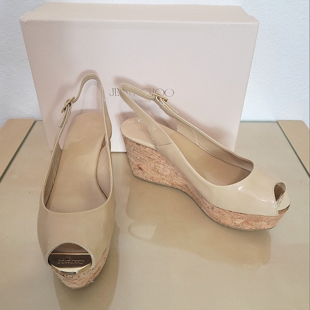⭐JIMMY CHOO Patent Leather Cork Wedge, Slingback adjustable strap, Nude Color